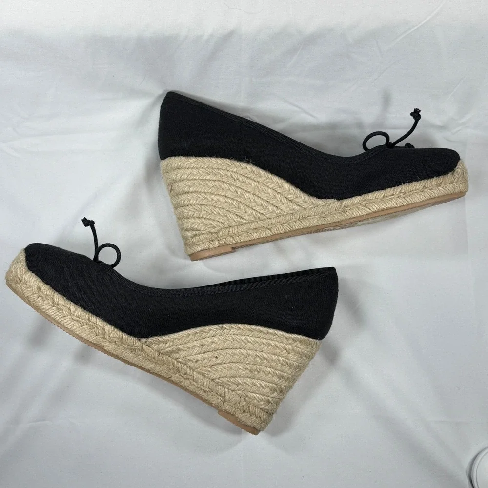 J. Crew Seville Black Canvas Espadrille Wedge Pumps Bow Detail Made in Spain
